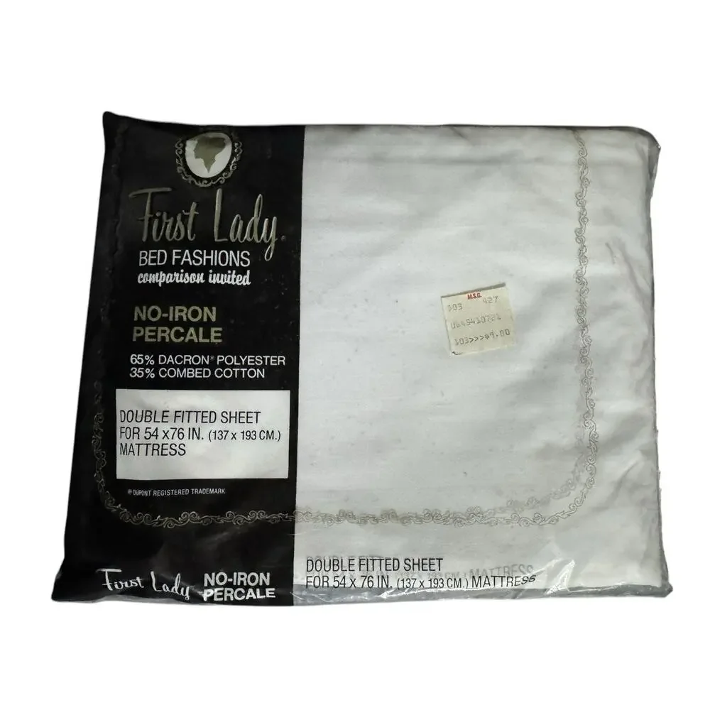 VTG First Lady No Iron Percale Double Bed Sheet‎ Set Fitted Flat Pillowcases NEW